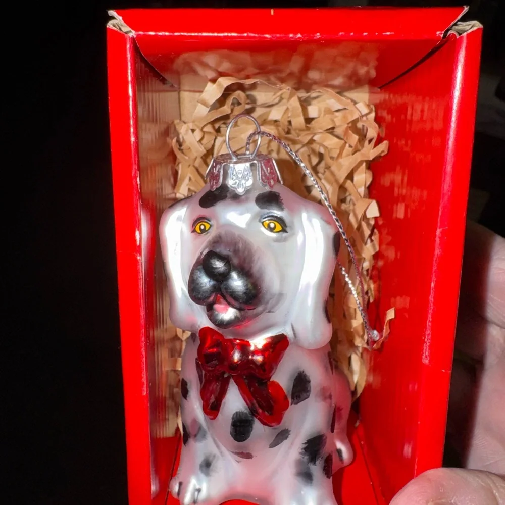 Source Unknown White and Black Dalmatian Dog Ornament with Red Bow